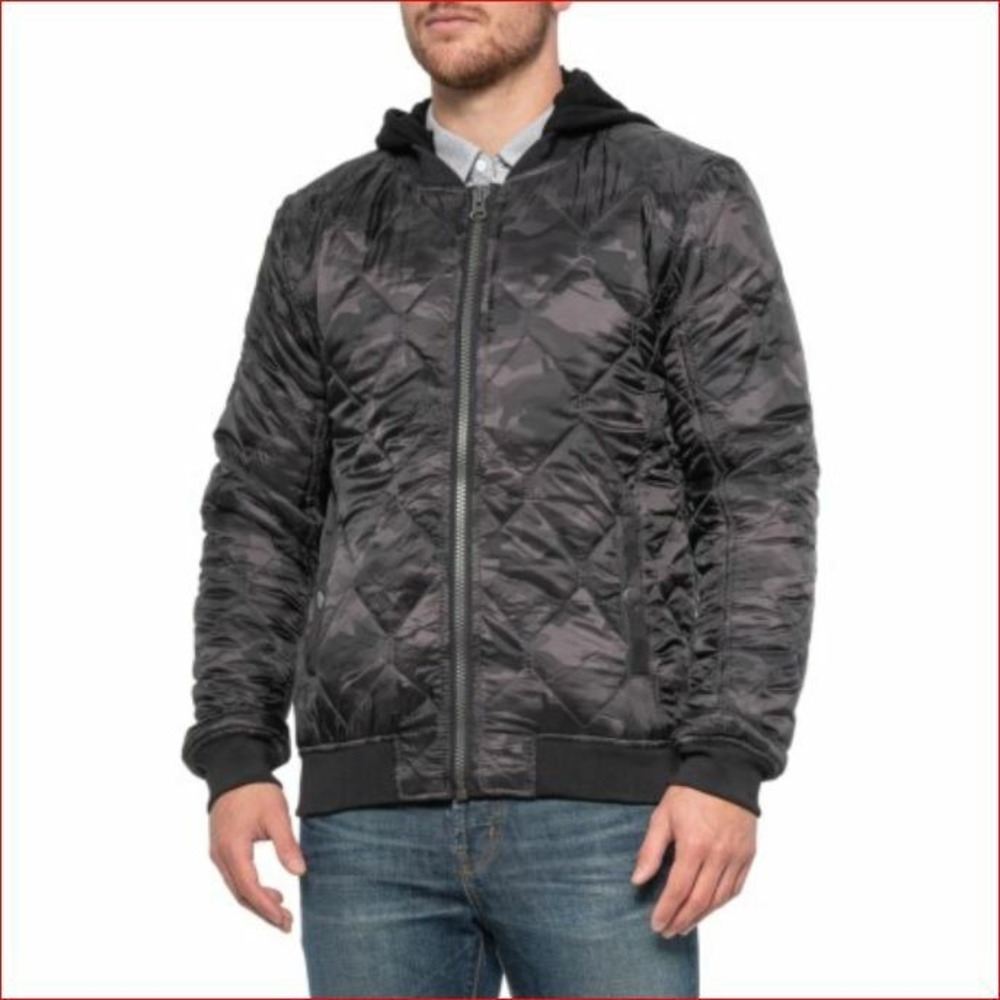 Projek Raw Men Hooded Bomber Jacket Black Camo Quilted Insulated 133570 Large